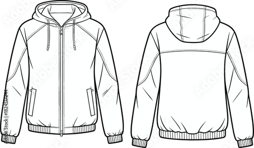Hooded jacket technical sketch, front and back view, fashion illustration, garment design, zipper closure, outerwear template, casual wear