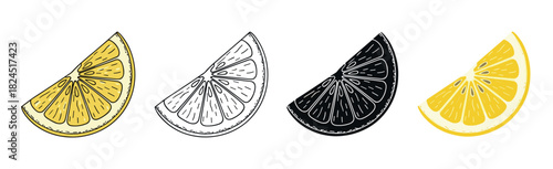 Collection of four stylized lemon wedge illustrations showing different graphic techniques like hand-drawn doodle, simple outline, black silhouette, and flat color icon
