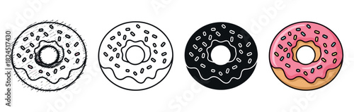 Set of four donut icons showing different artistic styles including a hand-drawn sketch, a simple outline, a black silhouette, and a full color cartoon illustration