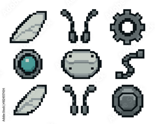 Pixel art set of mechanical robot parts for a constructor kit, including wings, antennae, a gear, an eye, and body elements in a retro 8-bit video game sprite style