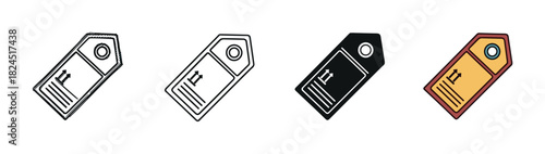 Set of four luggage tag icons with a this side up symbol, showcasing different graphic styles including hand drawn sketch, clean line art, solid glyph, and a full color version