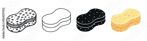 Set of four sponge icons in different artistic styles including doodle, outline, silhouette, and flat cartoon for cleaning or bathing concepts, presented as a vector illustration collection