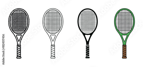 Four tennis racket illustrations in different graphic styles including sketch, outline, silhouette, and color, showing a collection of sports equipment icons for design