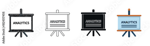 Analytics presentation screen icon set in four different styles including sketch, line art, glyph, and flat color, representing data analysis and business intelligence concepts
