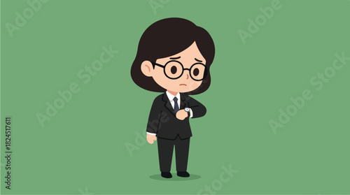 Cartoon businesswoman checking watch expressing concern or urgency.