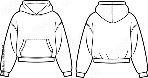 Hooded sweatshirt, fashion sketch, technical drawing, hoodie design, kangaroo pocket, ribbed