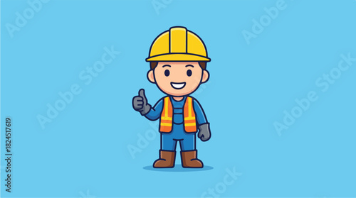 Cute Cartoon Construction Worker Giving Thumbs Up.