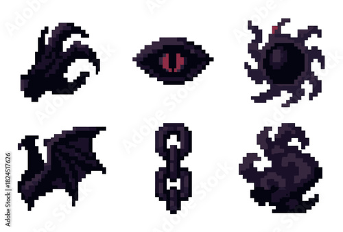 Set of six dark fantasy pixel art icons for a retro video game, featuring a monster claw, an evil eye, a shadow orb, a dragon wing, a chain, and a swirling magic cloud