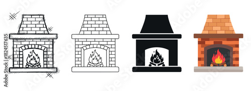 Set of four fireplace icons in different styles including sketch, outline, silhouette, and flat color design for home interior concepts