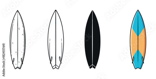 Set of four surfboard illustrations in different artistic styles, including a detailed hand-drawn sketch, a minimal outline, a solid black silhouette, and a vibrant full-color version