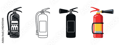 Fire extinguisher icon set in four different styles including sketch, outline, silhouette, and flat color vector illustration for safety and emergency concepts