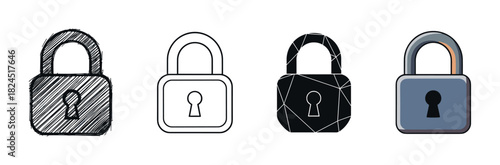 Set of four padlock icons with different graphic design styles including sketch, line art, geometric silhouette, and cartoon illustration for security and privacy concepts