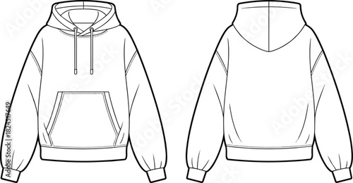 Hoodie technical sketch, front and back view, drawstring hood, kangaroo pocket, fashion vector template, cad drawing flat vector illustration