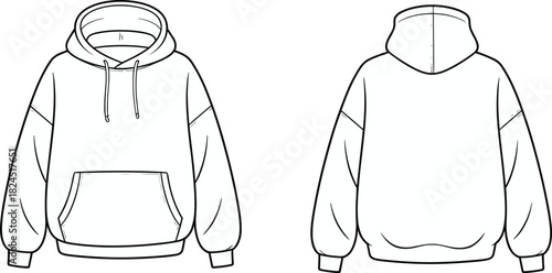 Hoodie, sweatshirt, fashion sketch, technical drawing, garment design, apparel template, hoodie front back, clothing illustration, flat sketch, vector hoodie