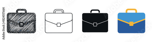 Set of four business briefcase icons in different styles including hand-drawn sketch, simple outline, solid silhouette, and modern flat color vector design collection