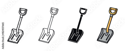 Set of four shovel icons showing different artistic styles including a hand-drawn sketch, a clean outline, a solid black silhouette, and a full-color cartoon illustration