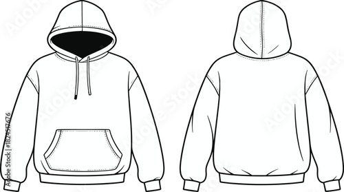Hoodie, sweatshirt, fashion sketch, technical flat, garment drawing, apparel design, hoodie template, clothing illustration, vector hoodie, front back view