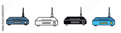 Set of four wireless router icons in different artistic styles including hand-drawn sketch, simple line art, solid glyph, and flat color for representing internet connectivity