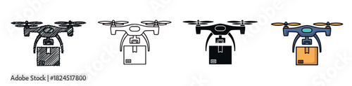 Set of four delivery drone icons showing a quadcopter carrying a cardboard box, presented in sketch, line art, solid glyph, and colorful flat design styles