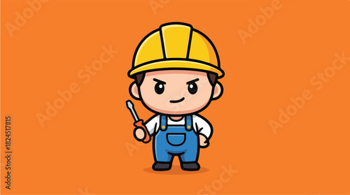 Cute cartoon construction worker holding a tool with a determined expression.