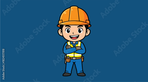 Happy Construction Worker Cartoon Character Standing with Arms Crossed.