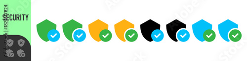 Shield check mark icon or security shield protection icon with tick symbol. Color shield with color check mark tick icon