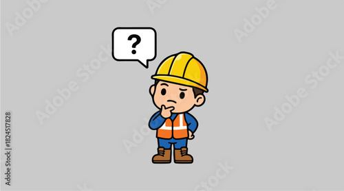 Thoughtful Construction Worker Cartoon Character with Question Mark.