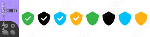 Shield check mark icon or security shield protection icon with tick symbol. Color shield with color check mark tick icon