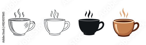 Set of four coffee cup icons in different artistic styles including a hand-drawn sketch, simple outline, black silhouette, and a brown flat color vector illustration