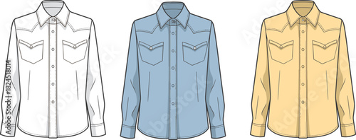 Long sleeve shirt sketch in three colors, fashion cad drawing, garment design, black and white flat vector illustration