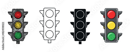 Set of four traffic light icons presented in various artistic styles, including a hand-drawn sketch, simple line art, a solid silhouette, and a colorful flat cartoon vector