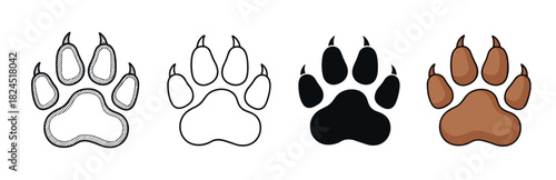 Collection of four wild animal paw prints with claws, presented in various artistic styles like a hand-drawn sketch, simple outline, solid black silhouette, and a brown cartoon design