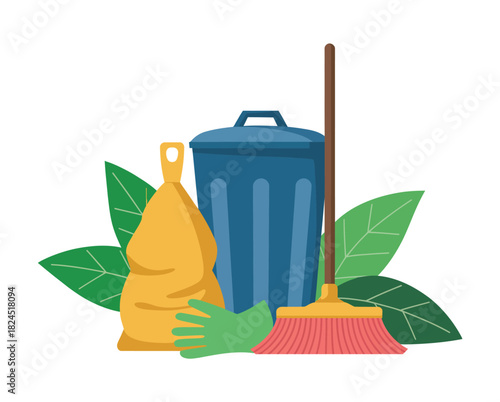 A broom, trash can, and garbage bag represent cleaning and waste management.