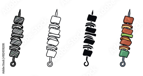 Four grilled kebab skewer icons in different artistic styles including scribble, simple line art, solid silhouette, and a colored cartoon illustration