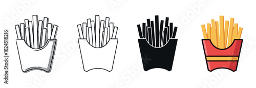 Set of four french fries icons showing different graphic styles from a hand-drawn sketch and simple outline to a solid black silhouette and a full color flat design vector illustration