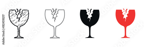 Four broken wine glass fragile symbols in a collection of different graphic styles, including hand-drawn sketch, thin outline, black silhouette, and red solid color for packaging