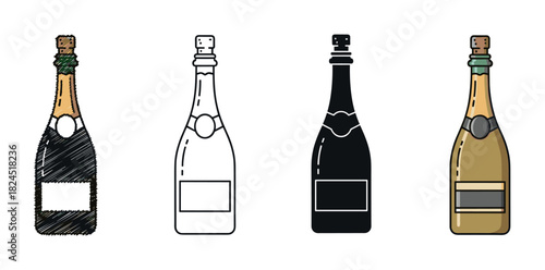 Four champagne bottle vector icons in a collection of styles from hand-drawn sketch and simple outline to a solid black silhouette and colorful flat design
