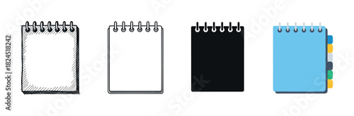 Set of four spiral notebook icons showing different artistic styles including hand-drawn sketch, simple line art, a solid black silhouette, and a colorful flat design with tabs