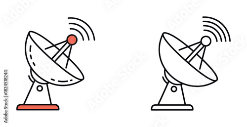 Two satellite dish antenna vector icons in a minimalist line art style, one monochrome and one with red accents, transmitting a radio signal for communication and broadcasting