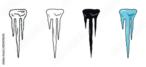 Set of four icicle illustrations showing different artistic styles including sketch, outline, silhouette, and a colored cartoon version for winter and cold weather concepts
