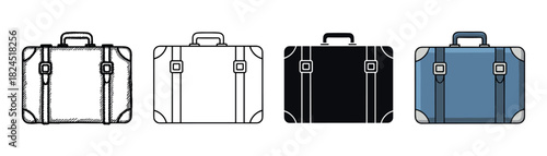 Set of four vintage suitcase illustrations in different styles, including hand-drawn sketch, line art, solid silhouette, and a simple colored cartoon for various travel concepts