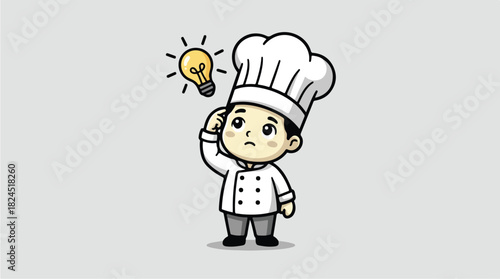 Cute little chef character thinking with a bright idea lightbulb.