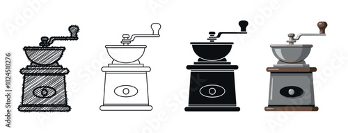 Set of manual coffee grinders in four different artistic styles, including a hand-drawn sketch, a simple outline, a solid black silhouette, and a colored flat vector illustration