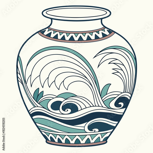 Art nouveau vase with stylized ocean waves and foliage