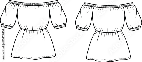 Off-the-shoulder dress sketch set, puff sleeves, fitted waist, silhouette comparison, fashion vector template, cad drawing illustration