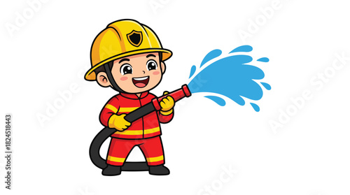 Cute Cartoon Firefighter Spraying Water with a Hose.