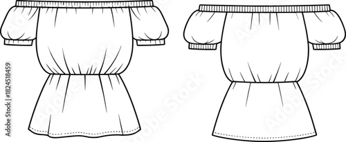 Off-the-shoulder dress technical sketch, front and back view, puff sleeves, gathered waist, fashion vector template, cad drawing illustration