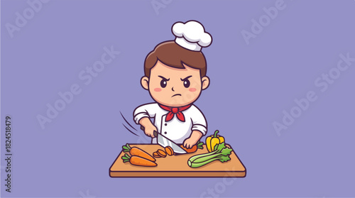 Cute Little Chef Chopping Vegetables with Determination.