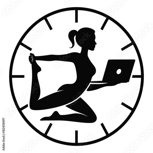 A black silhouette of a woman in a yoga pose holding a laptop, integrated into a clock face, representing worklife balance, time management, and digital productivity, isolated on white
