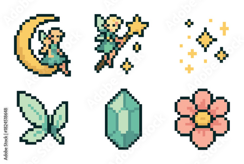 Set of six pixel art icons featuring a magical fairy on the moon, a butterfly, a crystal, and a flower in a cute retro 8-bit video game style